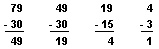 Subtract 10 3's, or 30, each time