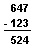 Vertical subtraction problem, 647 - 123 = 524