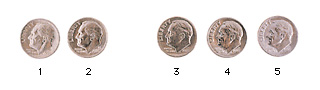 Adding 10's: picture of 3 dimes added to 2 dimes