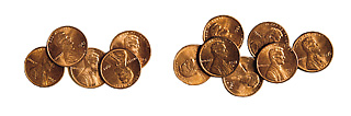 2 sets of pennies showing 12 - 5 = 7