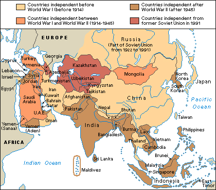 Asian countries: Dates of independence