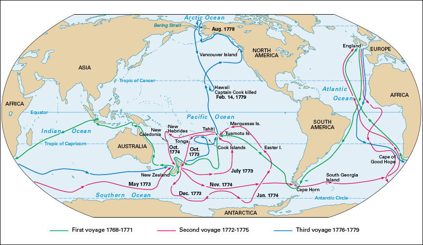 The British explorer James Cook's voyages, 1768-1779