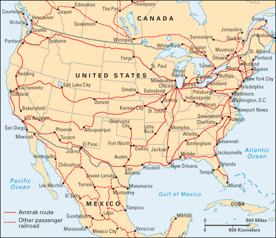 Railroad passenger routes in North America