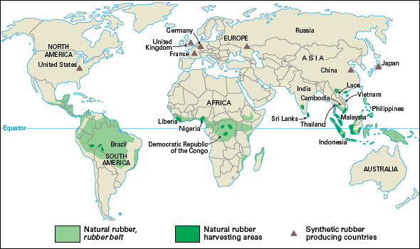 Rubber-producing regions of the world