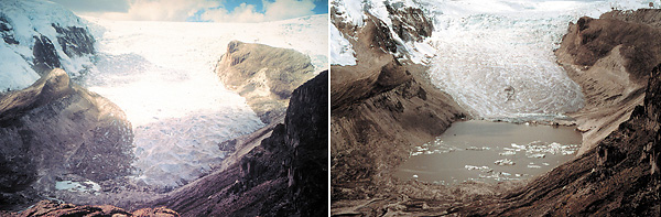 Qori Kalis glacier in 1983 and 2000