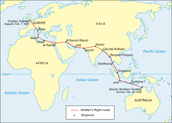 Bert Hinkler flight map