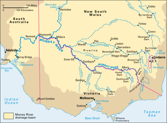 Location of the Murray River in southeastern Australia