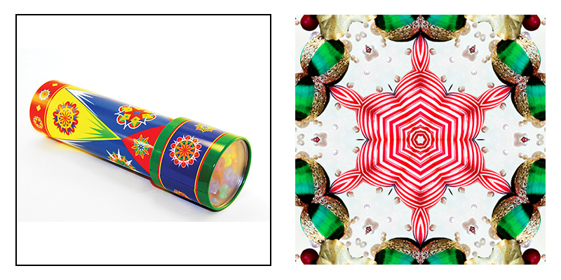 A kaleidoscope (left) produces colorful designs (right)