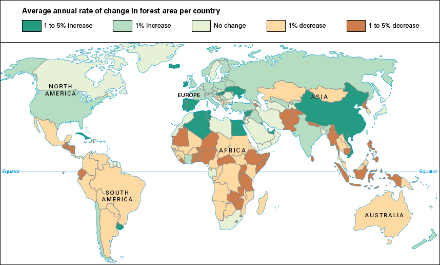 Average annual rate of change in forest area per country