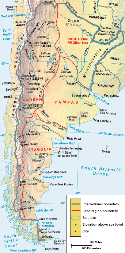 Terrain map of the South American country of Argentina