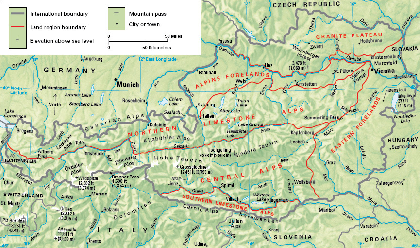 Terrain map of the central European country of Austria