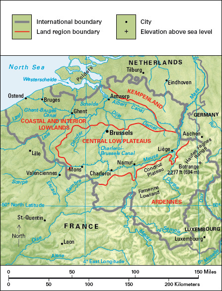 Terrain map of the western European country of Belgium