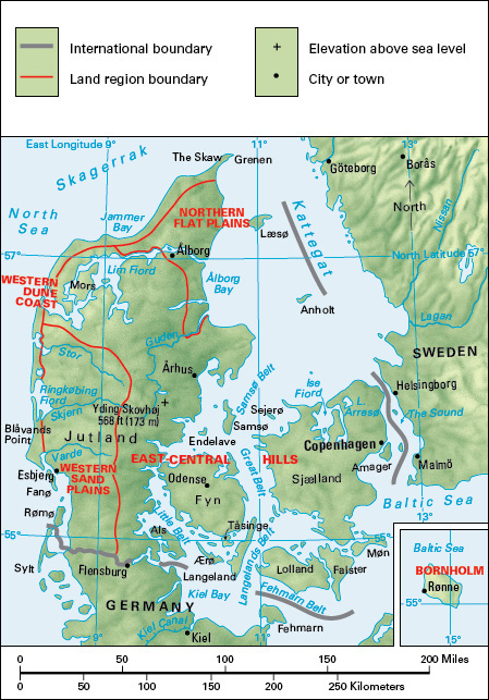 Terrain map of the northern European country of Denmark