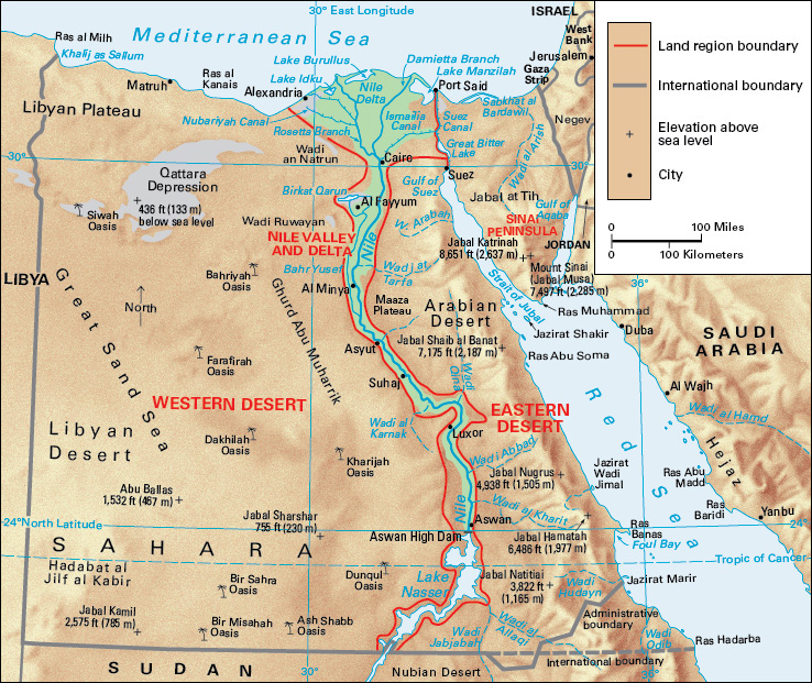 Terrain map of the northeast African country of Egypt