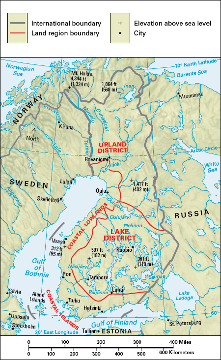 Terrain map of the northern European country of Finland