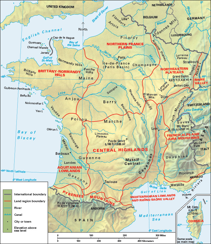 Terrain map of the western European country of France