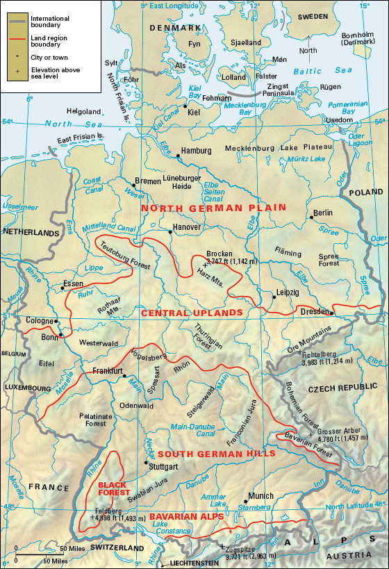 Terrain map of the central European country of Germany