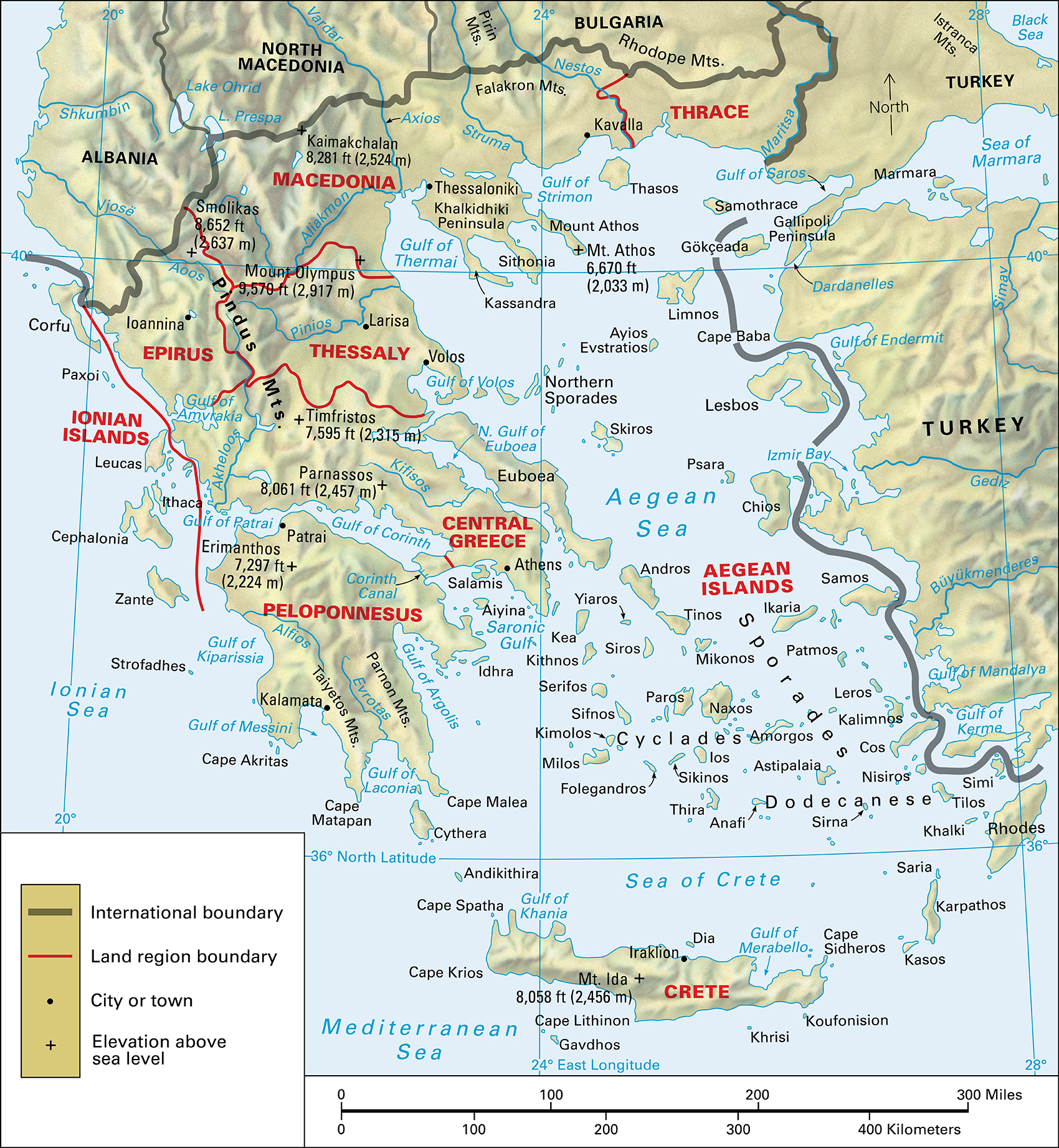 Terrain map of the southeastern European country of Greece