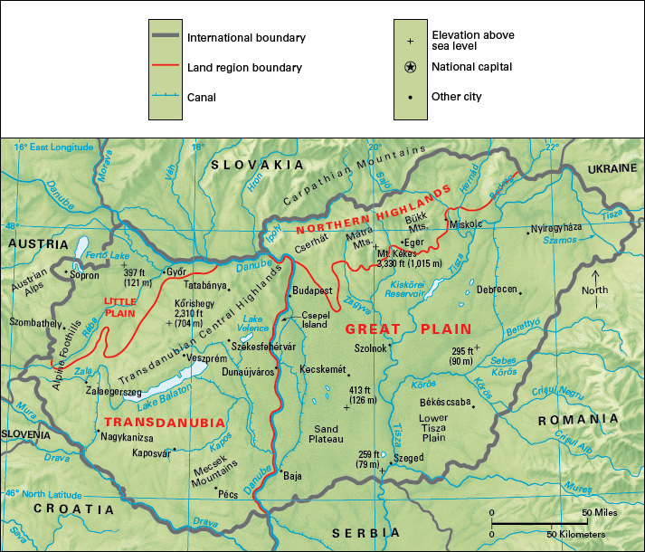 Terrain map of the eastern European country of Hungary