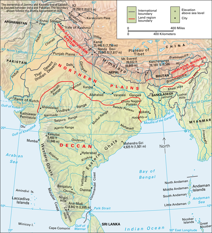 Terrain map of the South Asian country of India