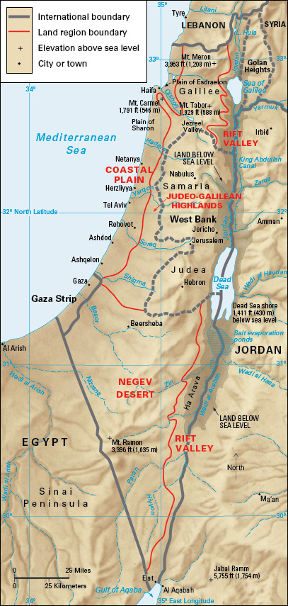 Terrain map of the Middle Eastern country of Israel