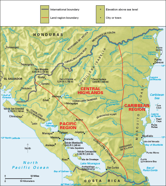 Terrain map of the Central American country of Nicaragua