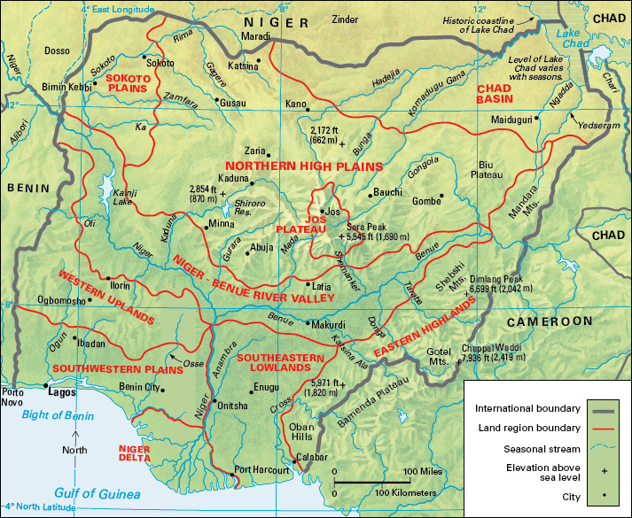 Terrain map of the west African country of Nigeria