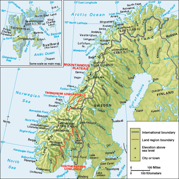 Terrain map of the northern European country of Norway