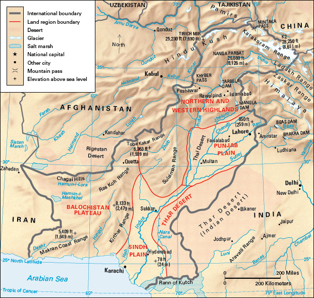 Terrain map of the South Asian country of Pakistan