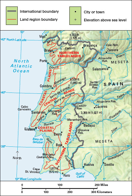 Terrain map of the southwestern European country of Portugal