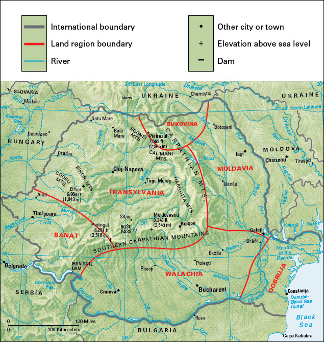 Terrain map of the eastern European country of Romania