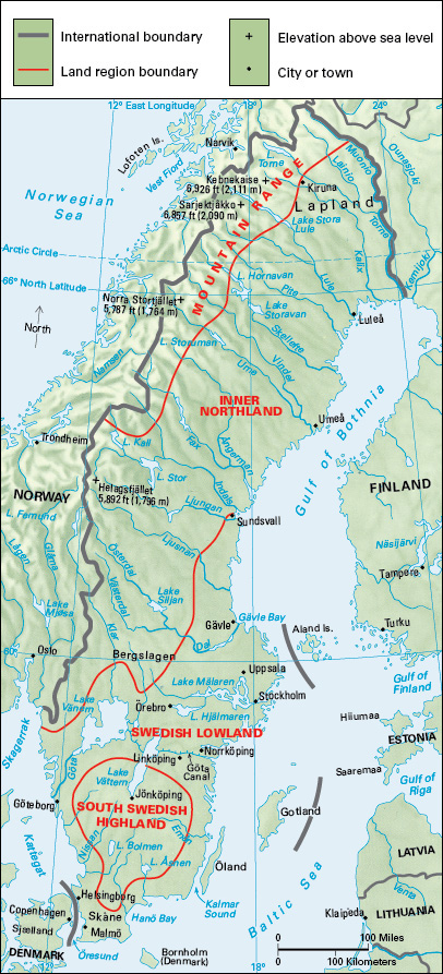 Terrain map of the northern European country of Sweden