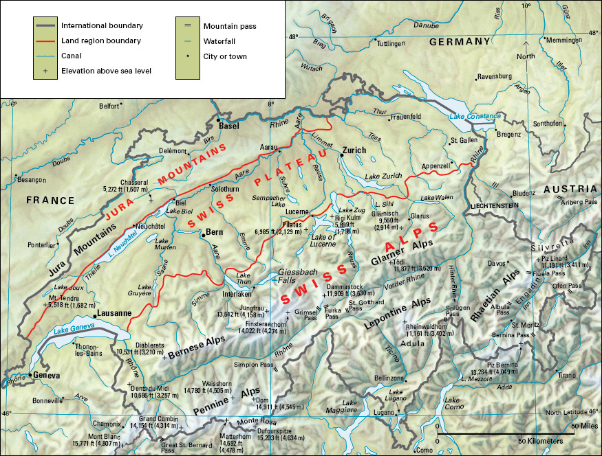 Terrain map of the western European country of Switzerland