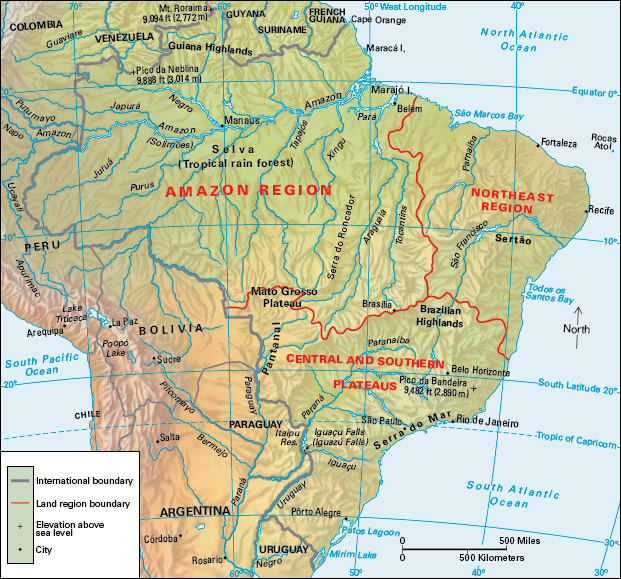 Terrain map of the South American country of Brazil