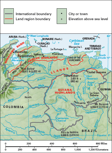 Terrain map of the South American country of Venezuela