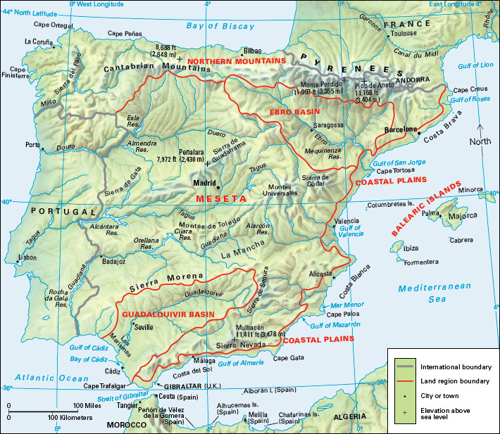 Terrain map of the southwestern European country of Spain