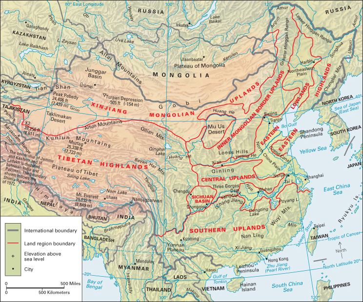 Terrain map of the East Asian country of China