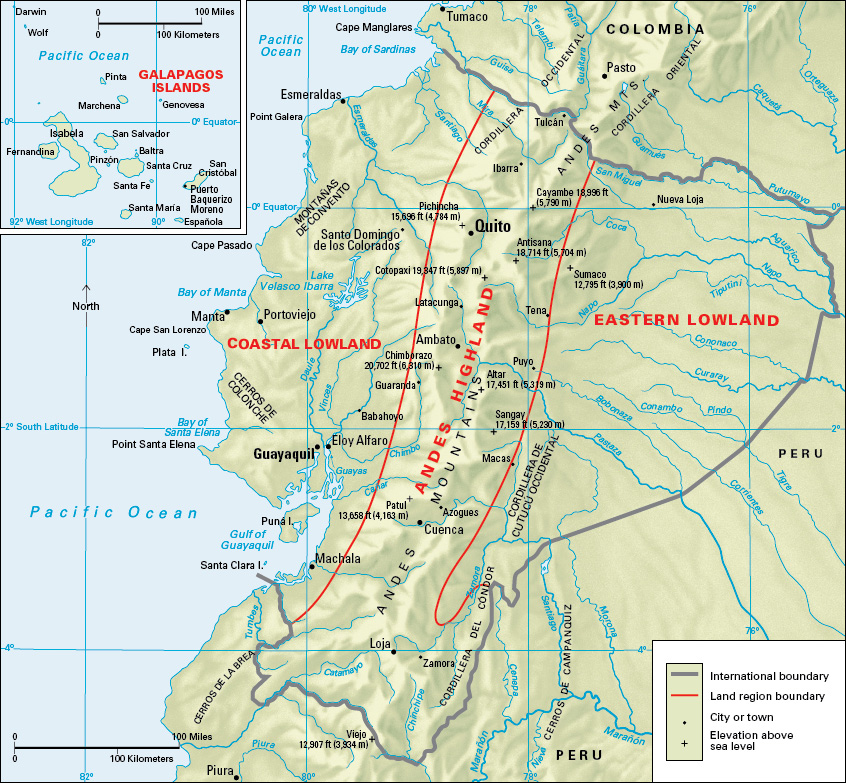 Terrain map of the South American country of Ecuador