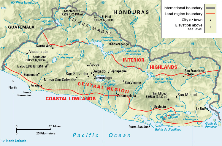 Terrain map of the Central American country of El Salvador