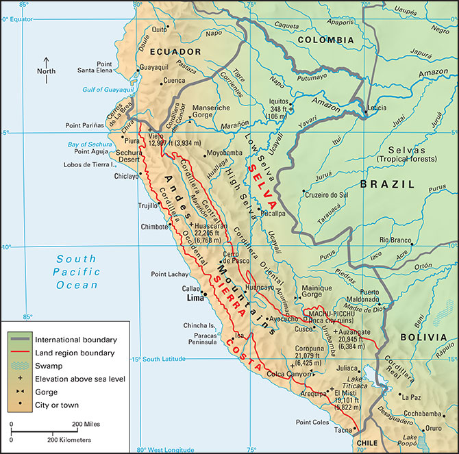 Terrain map of the South American country of Peru