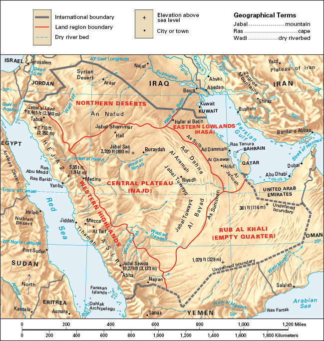 Terrain map of the Middle Eastern country of Saudi Arabia