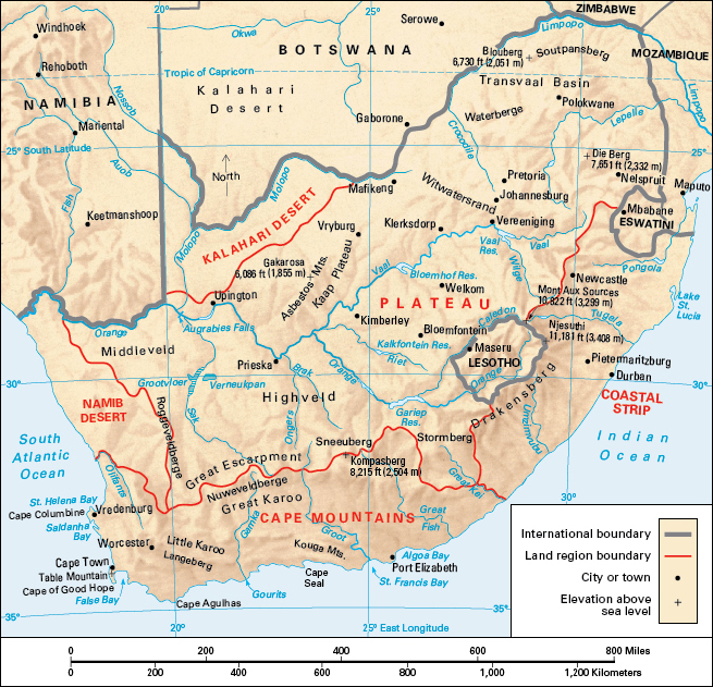 Terrain map of the country of South Africa