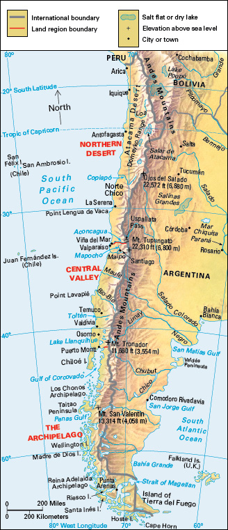 Terrain map of the South American country of Chile