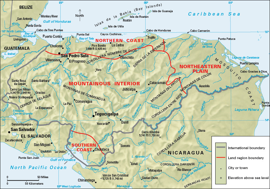 Terrain map of the Central American country of Honduras