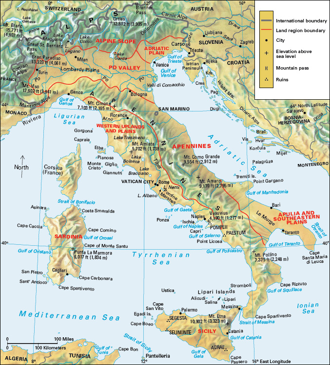 Terrain map of the southern European country of Italy