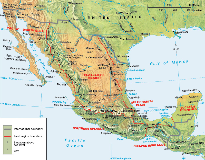 Terrain map of the North American country of Mexico