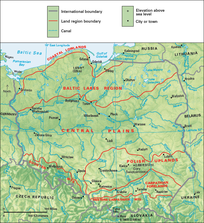 Terrain map for the central European country of Poland