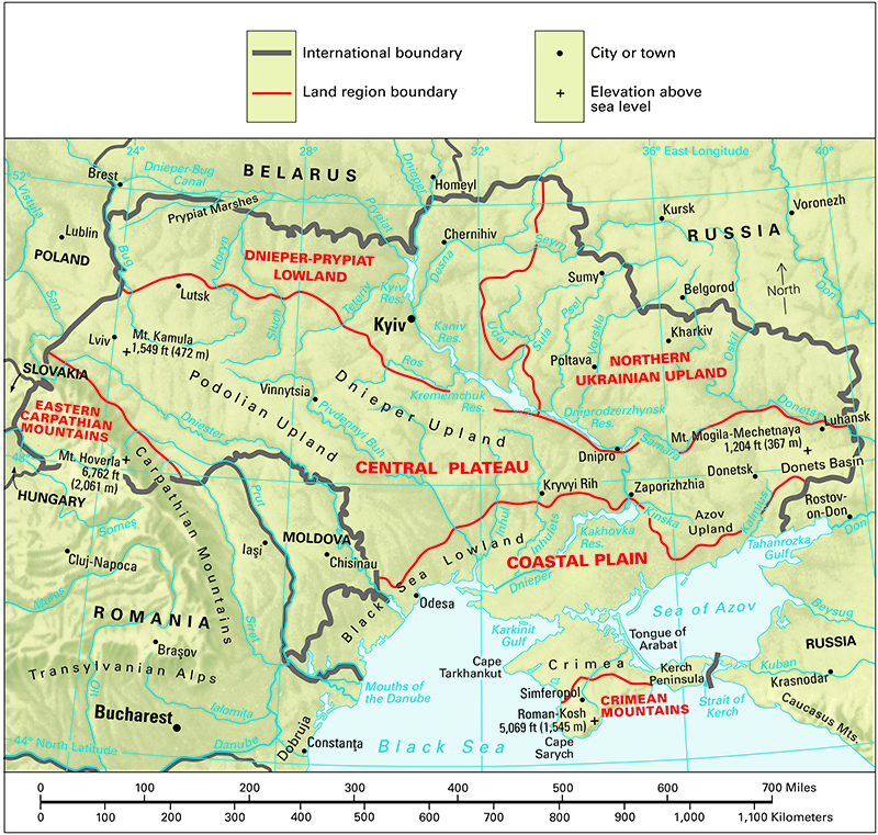 Terrain map of the eastern European country of Ukraine