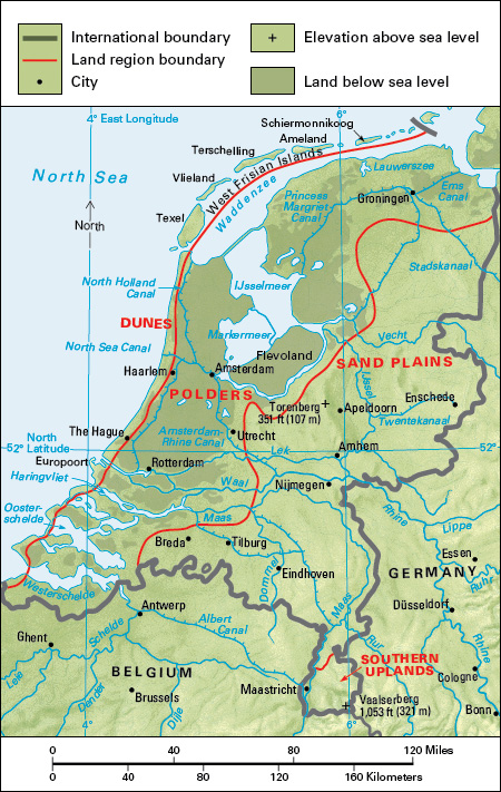 Terrain map of the northwestern European country of the Netherlands