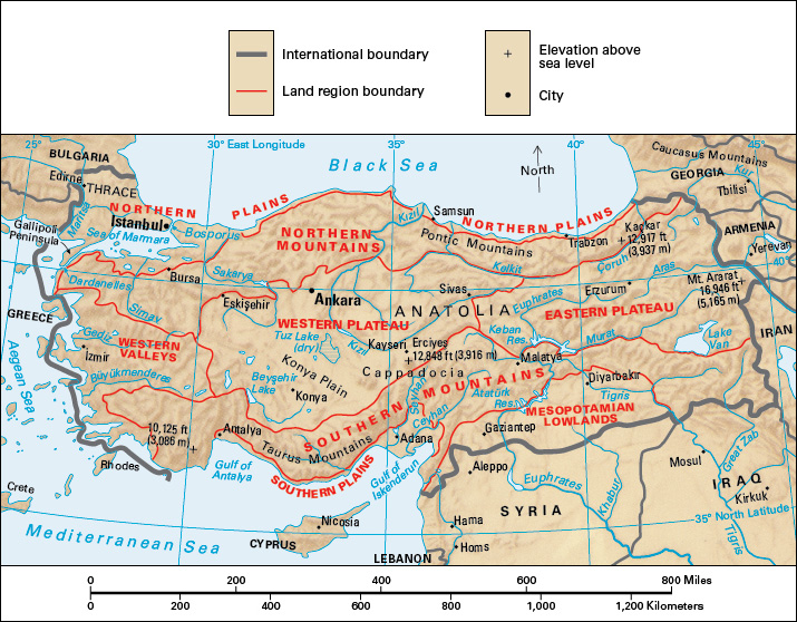 Terrain map of the Middle Eastern country of Turkey